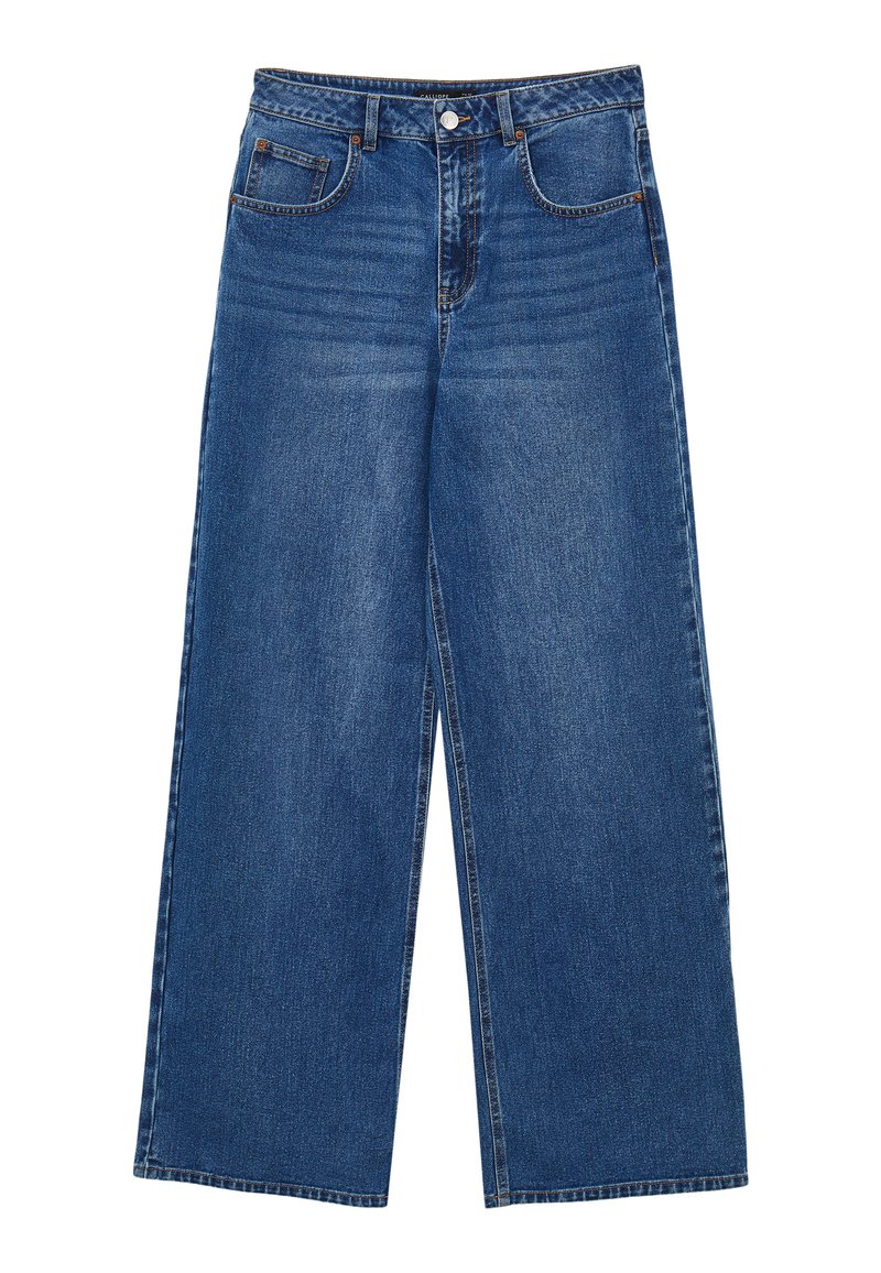 Jeans in denim blu a gamba larga con vita alta, cinque tasche e chiusura a bottone classica, realizzati in robusto tessuto di cotone.