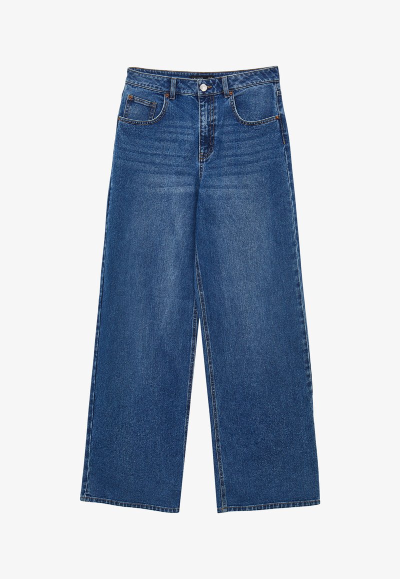 Jean en denim bleu à jambes larges avec taille haute, cinq poches et fermeture à bouton classique, fabriqué en tissu coton robuste.