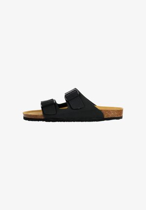 Black adjustable slide sandal with two buckles, cork footbed, and textured black sole. Features a smooth upper material.
