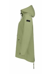 Chaqueta verde claro con capucha, que presenta una cremallera frontal y cierres de broche, cordón ajustable, bolsillos laterales y un parche de logo negro.