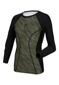 Langärmeliges Sporthemd mit einem strukturierten grünen Körper und schwarzen Akzenten. Glatter Stoff mit schwarzen Ärmeln und kontrastierenden Nahtdetails.