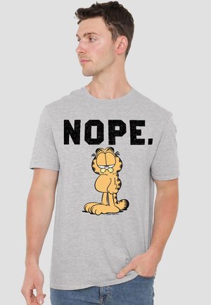 Gray cotton t-shirt featuring a cartoon cat design with the text "NOPE." in bold black letters above the character.