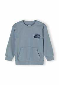 Lichtblauwe crewneck sweatshirt gemaakt van een katoenmix. Beschikt over lange mouwen, een voorzak en een rubberen logo op de borst.