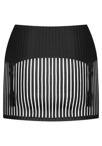 Jupe rayée noire et blanche avec un design ajusté, texture lisse et ourlet régulier. Comprend des lignes verticales contrastant avec un fond uni.