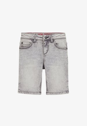 Lysegrå denimshorts med knap- og lynlås-lukning, forlommer og møntlomme samt synlige syningsdetaljer.