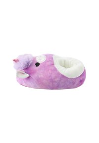 Chausson en peluche violet en forme de licorne avec un doublage intérieur blanc, featuring une corne duveteuse, des yeux ronds et des détails brodés.