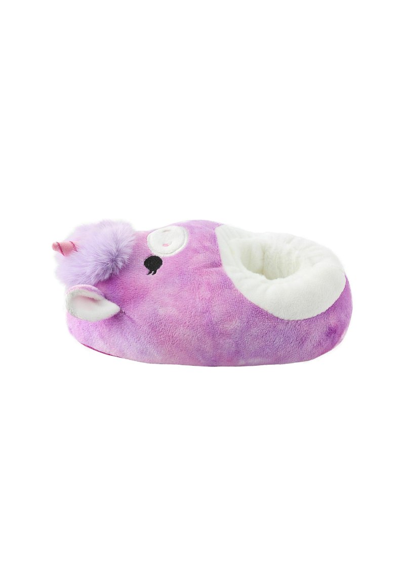 Chausson en peluche violet en forme de licorne avec un doublage intérieur blanc, featuring une corne duveteuse, des yeux ronds et des détails brodés.