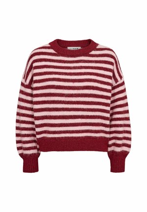 Pull en maille duveteuse rayé rouge et rose clair avec manches longues et poignets, ourlet et encolure ronde en bord-côte.