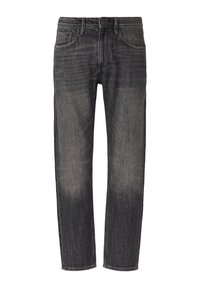 Dunkelgraue Jeans mit geradem Bein, subtiler Ausbleichung und klassischem Fünf-Taschen-Design, ausgestattet mit einem Knopfverschluss und Gürtelschlaufen.