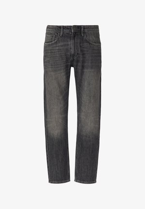 Dunkelgraue Jeans mit geradem Bein, subtiler Ausbleichung und klassischem Fünf-Taschen-Design, ausgestattet mit einem Knopfverschluss und Gürtelschlaufen.