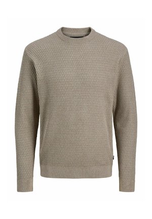 Beige gestrickter Pullover mit strukturiertem Muster, rundem Ausschnitt und Rippbündchen sowie -saum. Satinfinish ohne sichtbare Hardware oder Akzente.