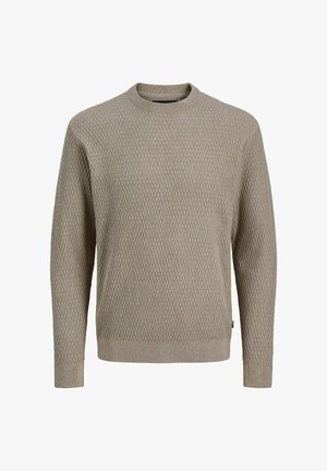 Maglione beige lavorato a maglia con un motivo testurizzato, scollo rotondo e polsini e fondo a coste. Finitura satinata senza hardware o decorazioni visibili.