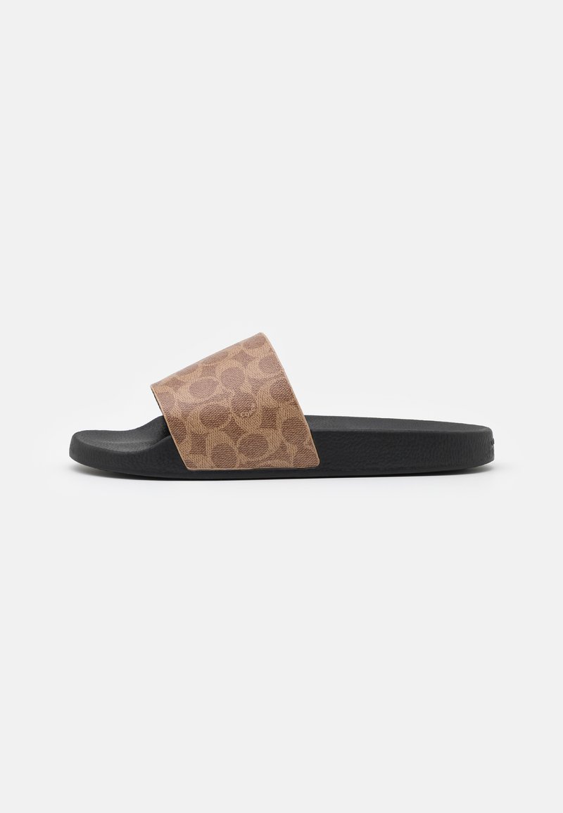Slide sandal with a brown patterned strap and a black textured sole. Features a wide band design and low-profile silhouette.