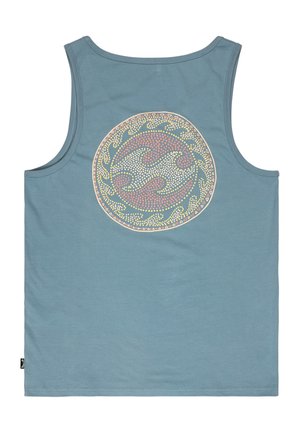 Débardeur bleu sans manches orné d'un motif circulaire de vagues ponctuées de jaune et de rose, centré dans le dos.