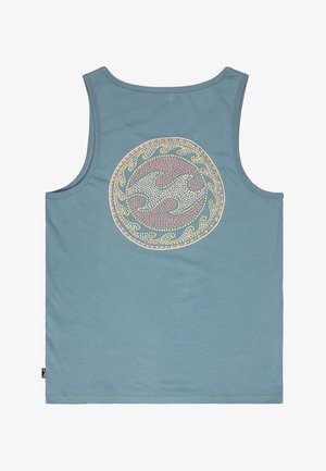 Débardeur bleu sans manches orné d'un motif circulaire de vagues ponctuées de jaune et de rose, centré dans le dos.