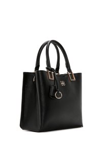 Borsa tote nera in pelle con forma strutturata, due manici, hardware dorato e un piccolo tag attaccato. Presenta una texture granulosa.