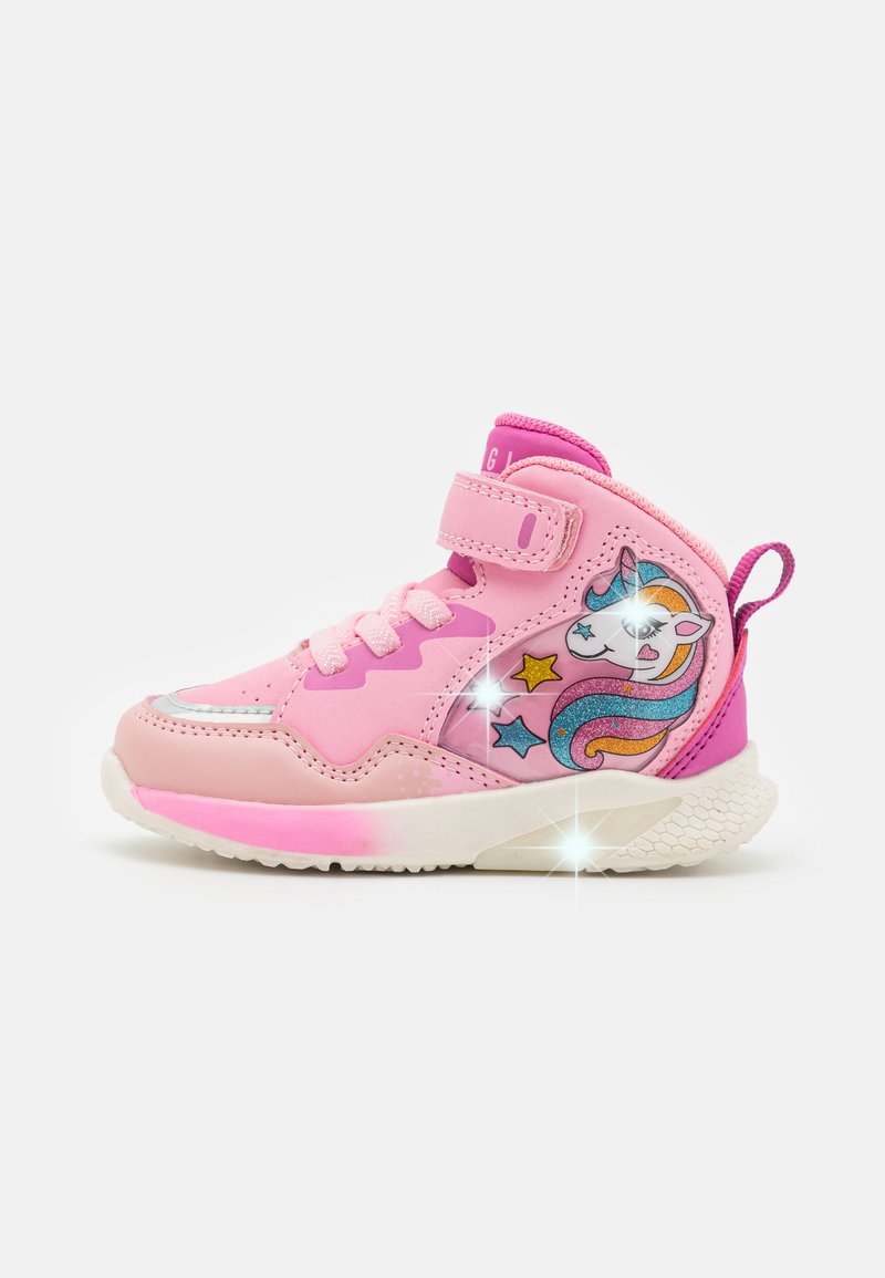 Pink high-top sneaker featuring a unicorn design with colorful accents, star patterns, a Velcro strap, and textured rubber sole.