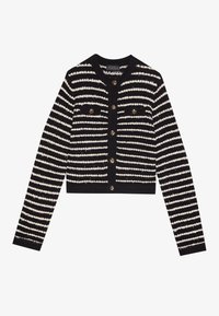Randig cardigan i svart och vitt med rund halsringning, framknäppning och två bröstfickor. Strukturerad väv med en kortad design.