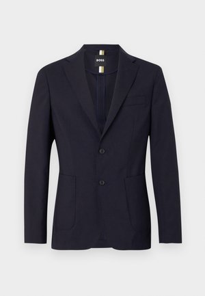 Blazer bleu marine à simple boutonnage avec deux boutons, revers crantés, poches plaquées à l'avant et une poche poitrine passepoilée, étiquette BOSS à l'intérieur du col.