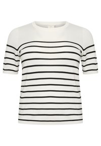 Kortærmet, rundhalset top lavet af blødt stof, med vandrette sorte striber på en hvid baggrund. Klassisk og alsidig design.