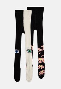 To sæt leggings: et sort par med øje-grafik og et halv-hvidt par med blomsterdesign i pink og gul på en sort baggrund.