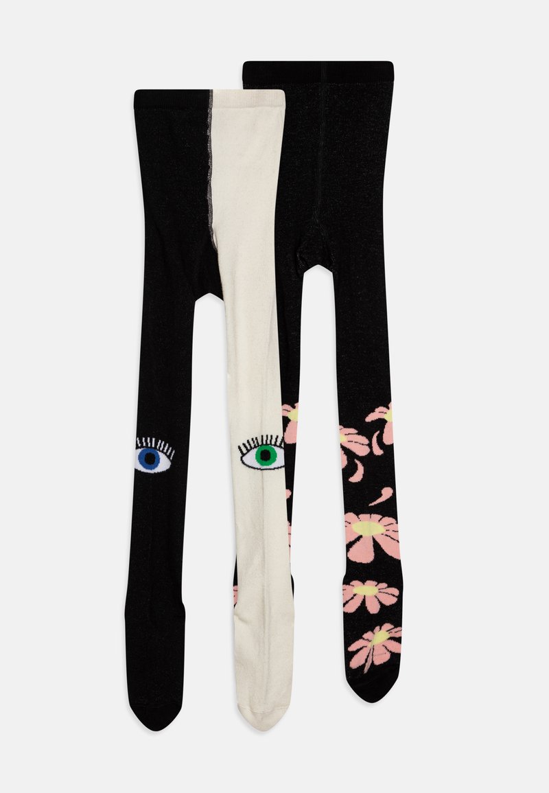 To sæt leggings: et sort par med øje-grafik og et halv-hvidt par med blomsterdesign i pink og gul på en sort baggrund.