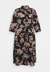 Floral dress in black fabric featuring pink, gold, and white flower patterns. Collared neck, button closure, and a self-tie belt. Three-quarter sleeves.