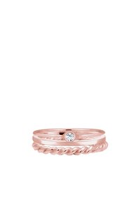Set di anelli in oro rosa composto da tre fasce: una liscia, una torciglioni e una decorata con un piccolo strass trasparente.