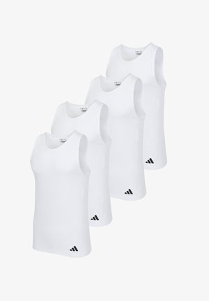 Białe koszulki na ramiączkach wykonane z miękkiego materiału, z okrągłym dekoltem i bocznymi rozcięciami. Każda bluzka ma małe czarne logo Adidas na dolnym brzegu. Pakowane po cztery sztuki.