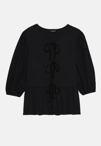 Haut noir avec un col rond, des manches bouffantes trois-quarts et une taille peplum froncée avec des cordons sur le devant. Tissu en mélange de coton.
