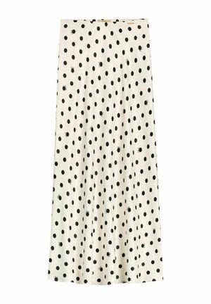 Biała spódnica midi w czarne kropki z drobnymi czarnymi nadrukami biedronek rozmieszczonymi na całej powierzchni.