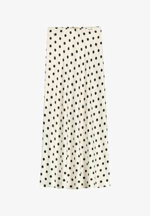 Biała spódnica midi w czarne kropki z drobnymi czarnymi nadrukami biedronek rozmieszczonymi na całej powierzchni.