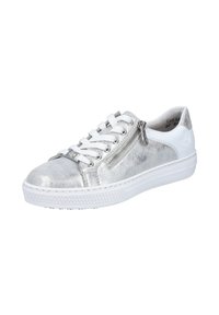 Silver metallic sneaker with white rubber sole, featuring a side zipper, laces, and textured detailing on the upper.