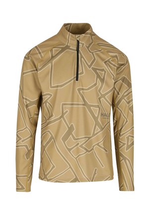 Vaalean beige pitkähihaisen neuleen, jossa on neljänneksen vetoketju, ja abstrakti vaalean sävyn kuvio sekä teksturoitu kangas. Logot painettuna etupuolelle.