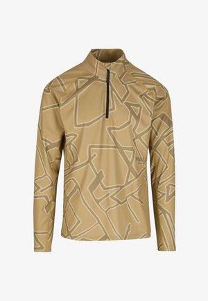 Brun, långärmad tröja med halvkedja, med ett abstrakt mönster i ljusa färger och textil med struktur. Logotyp tryckt på framsidan.