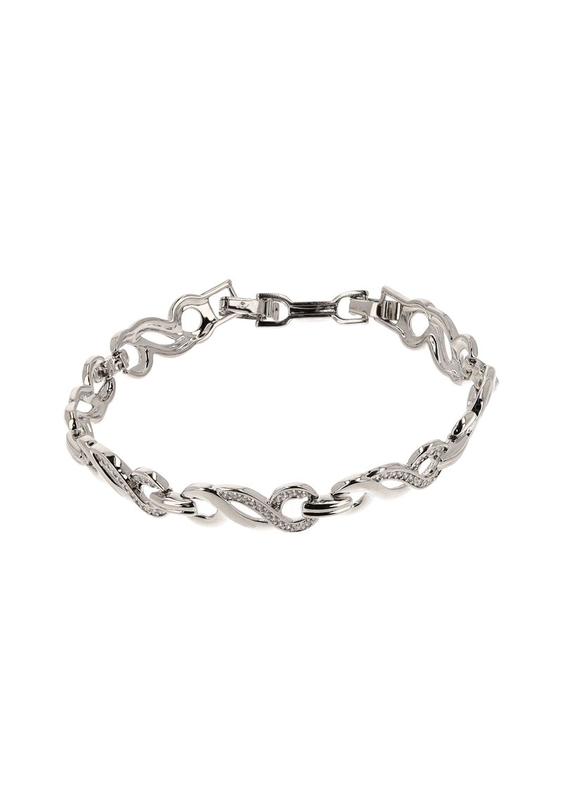 Bracciale in argento con design a onde intrecciate, maglie testurizzate e accenti di cristallo lungo alcune catene. Chiusura a morsetto sicura.