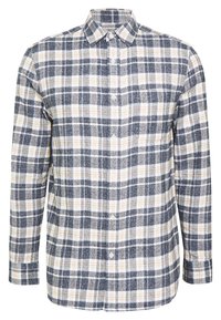 Kariertes Hemd aus weichem Stoff, mit blauen, beigen und weißen Karos. Lange Ärmel, durchgehende Knopfleiste und klassischer Kragen.