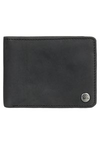 Billetera de cuero negro con una textura suave, forma rectangular, costuras visibles y un pequeño acento metálico de logo en la esquina inferior.