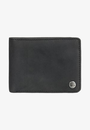 Black leather wallet with a smooth texture, rectangular shape, visible stitching, and a small metallic logo accent in the bottom corner.