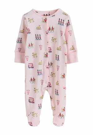 Ružový detský overal s motívmi Londýna vrátane strážcov vojakov, dvojposchodových autobusov, psov, jazdeckých strážcov a koruniek.