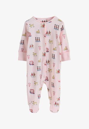 Tutina rosa per neonati con stampe a tema Londra, inclusi soldati della guardia, autobus a due piani, cani, guardie a cavallo e corone.