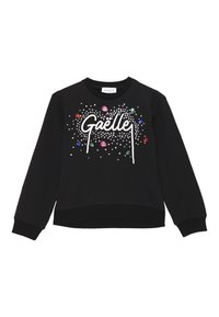 Felpa nera con la parola "Gaëlle" in bianco, decorata con gemme e perline colorate su uno sfondo a pois.