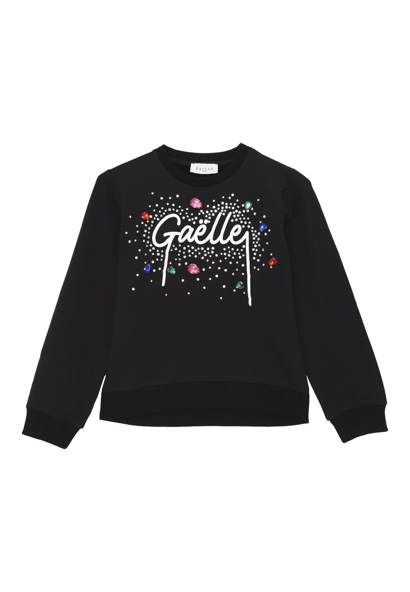 Felpa nera con la parola "Gaëlle" in bianco, decorata con gemme e perline colorate su uno sfondo a pois.