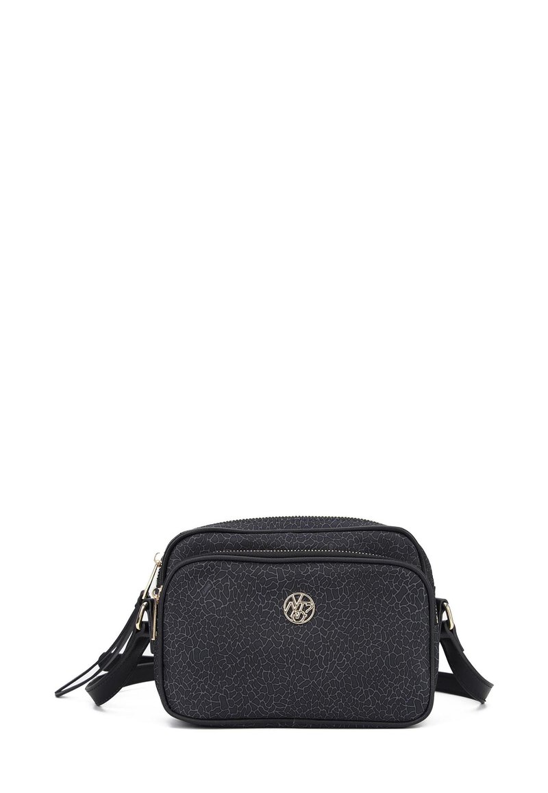Borsa nera rettangolare con superficie texturizzata, dettagli in oro, due scomparti con zip e una tracolla regolabile per un trasporto versatile.