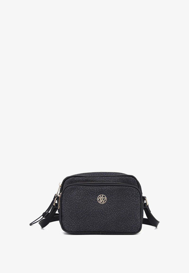 Borsa nera rettangolare con superficie texturizzata, dettagli in oro, due scomparti con zip e una tracolla regolabile per un trasporto versatile.