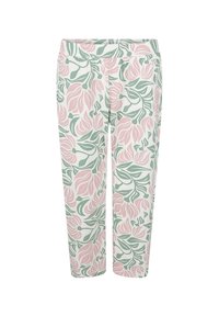 Witte broek met bloemenprint en grote roze en groene bladenpatronen. Gemaakt van lichtgewicht stof, met een elastische tailleband voor comfort.
