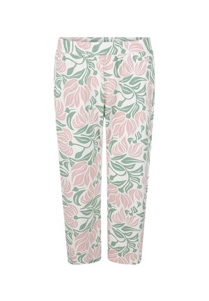 Witte broek met bloemenprint en grote roze en groene bladenpatronen. Gemaakt van lichtgewicht stof, met een elastische tailleband voor comfort.