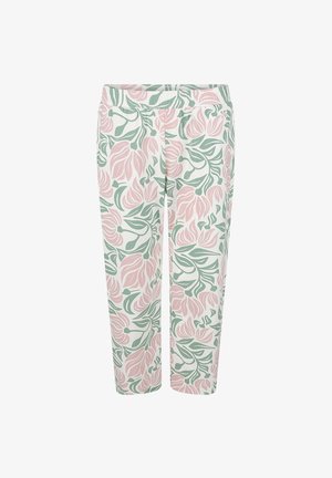 Witte broek met bloemenprint en grote roze en groene bladenpatronen. Gemaakt van lichtgewicht stof, met een elastische tailleband voor comfort.