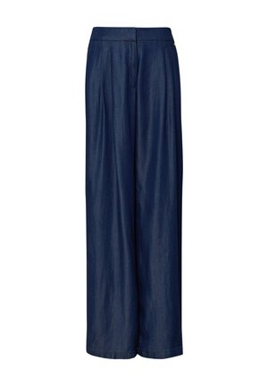 Dark blue wide-leg pants with high waist and concealed front closure, made of lightweight denim fabric.
