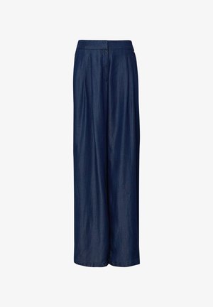 Dark blue wide-leg pants with high waist and concealed front closure, made of lightweight denim fabric.
